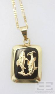 Designer 14k Yellow Gold Black Enamel Fish Pendant Necklace