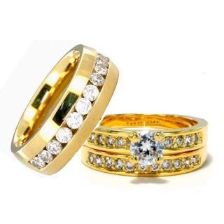 Gold EP His Hers 3 Pieces Mens Womens Titanium Wedding Ring Set