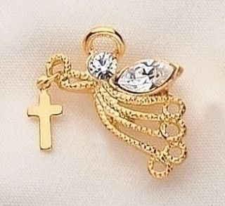 Guardian Angel Dangling Cross Gold Crystal Lapel Pin