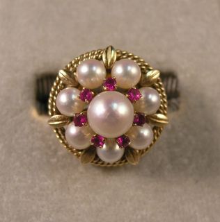 Vintage 1950s Retro Chic Cocktail Ring 14k Gold Ruby Pearl Cluster