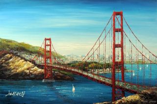 Golden Gate Bridge San Francisco Bay 24x36 Stretched Oil Painting Free