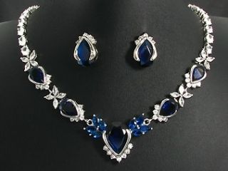 White Gold Finish Blue Lab Gems Necklace Jewellery Set