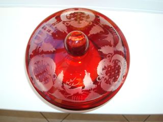 Beautiful Antique Red Etched Glass Lidded Bowl
