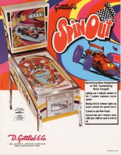 Spin Out Gottlieb Pinball Machine Flyer Original