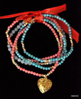 New $475 GOOD CHARMA 5 Strand Pink Coral, Turquoise Stretch Bracelet