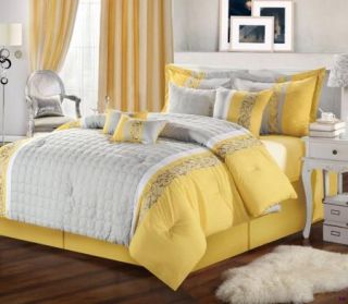 12pc Queen Glendale Yellow Gray Embroidered Bed in A Bag Comforter Set