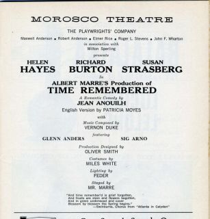 Time Remebered Playbill Hayes Burton Strasberg 1957