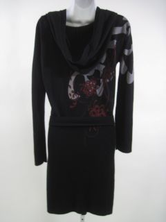 Gramm Black Print Hooded Belted Long Cardigan Sweater M
