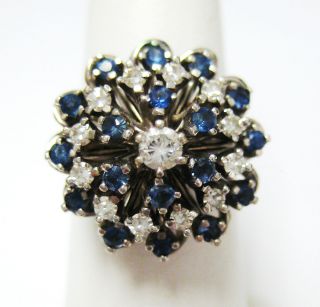 Vintage 14k White Gold Diamond Sapphire Cluster Ring