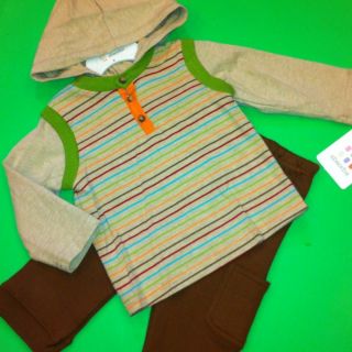 NEW Baby Boys 2 Pc Outfit Set Hood Shirt Pants 18 Months Brown Stripes