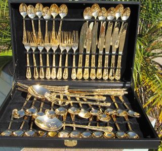 Wm Rogers Son 63 Piece Gold Plated Signed Flatware Enchanted Rose Orig