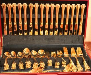ROGERS SET GOLD PLATED SILVERWARE FLATWARE 85 PIECES SERVICE FOR