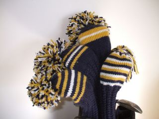 Hand Knit Golf Club Head Covers Set of Four New Navy Gold White