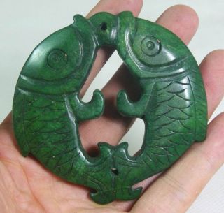Chinese Old Handwork Carve Green Jade Fish Pendant