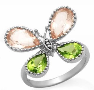10K White Gold Peridot, Pink Quartz & Diamond Butterfly Ring