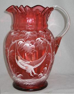 Cranberry Art Glass Mary Gregory Pitcher 9 3 4 H
