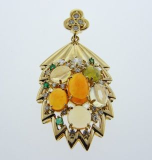  18K Gold Opal Diamond Emerald Pendant Fine Estate Jewelry