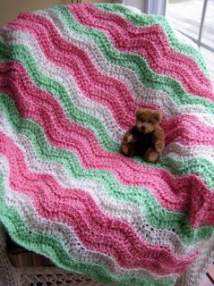 Baby Blanket Crochet Handmade Afghan Lion Brand Homespun Yarn Ripple