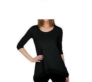  Lori Goldstein Asymmetrical Hem T Shirt Chiffon Trim Black XS