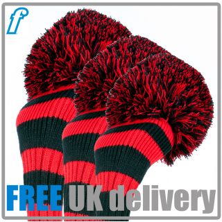 Set 3 Premium Red and Black Wool Pom Pom Golf Headcovers