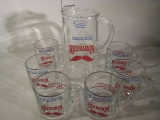 Vintage Seagrams Gin Liquor Cordial Set Red Baron Glasses Pitcher Bar