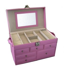 Large Pink Leatherette Vinyl Girls Jewelry Box Case w Mirror Lock Six