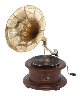 Antique Replica Round Wood Base Gramophone Phonograph with Gold Brass