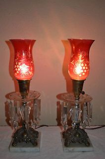 Antique CRANBERRY GLASS TABLE LAMP Art Deco Waterfall Crystals Mantle