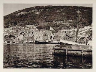 1930 Harbor View Waterfront Bergen Norway Photogravure   ORIGINAL