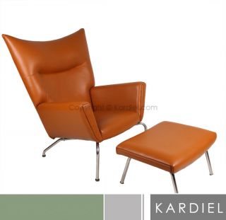 Hans J Wegner Style Wing Chair Ottoman Caramel Premium Leather Mid