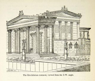 1898 Wood Engraving Erechtheum Greece Architecture Historic Pediment