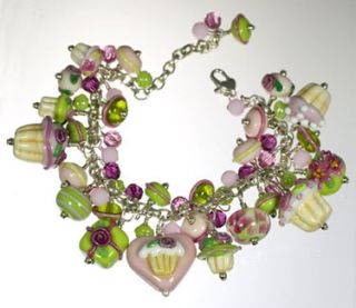 Pink Lime Green Cupcake Present Celebration Bracelet Packed with Glass