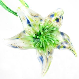   Green Flower Lampwork Murano Glass Starfish Pendant Ribbon Necklace