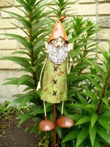 Three Metal Garden Gnomes on 24 in Lawn Ornament Yard Nome Elf Flower