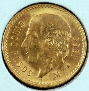 1955 Mexico Gold 5 Peso Coin Brilliant Uncirculated BU