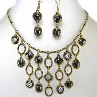 Chunky Multi Chain Crystal Hematite Bead Gold Bib Costume Jewelry