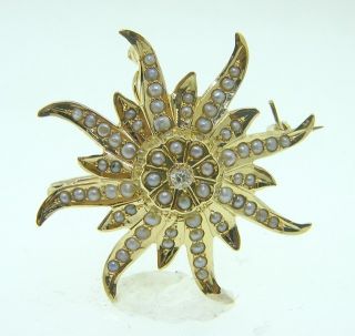 Victorian 14k Gold Diamond Pearl Brooch Pin Pendant