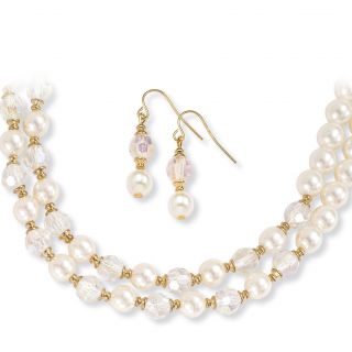Gold Plated Crystal and Pearls Simulated Necklace and Earring Jewelry
