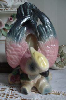 Parrot Bird Wall Pocket Pink Grey Ceramic Glass Japan Vintage Planter