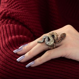 Vintage Gold Plated Stretch Pave Rhinestone Snake Cocktail Ring