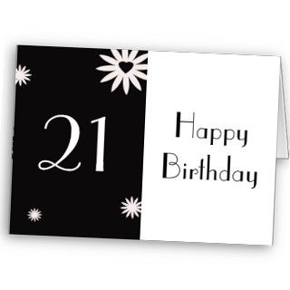 Happy 21st Birthday, black & white flowers, heart Cards