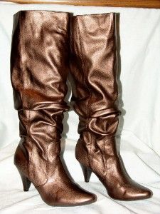 Gomax Bronze Gold Leather Ladies Knee High Fashion Boots Heels Sz 7