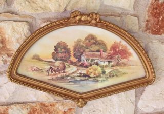 Homco Fan Shaped Framed Picture Cottage Hay Wagon Horse