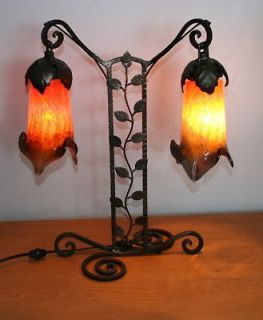 CRAFTED ART DECO STYLE WROUGHT IRON TABLE LAMP & ART GLASS SHADES