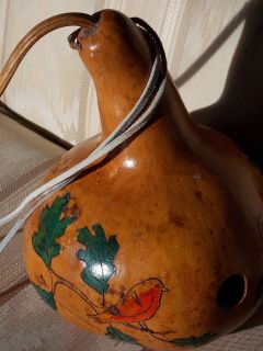 Handpainted Carved Large Gourd Birdhouse w Birds Leaves