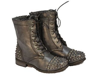 WOMEN FASHION Combat Army Military Riding Boot BLACK Studded MID CALF