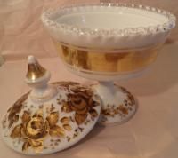 Fenton Charleton Silvercrest Candy Dish Compote Lid Gold Roses Vintage