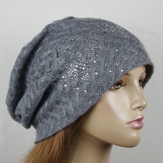 Gray Loose Knit Rhinestone Star Beanie Hat Hats HT102