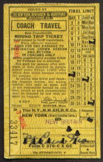  paper ticket; punched. New York City to New Britain CT. Stamped 3 MOS
