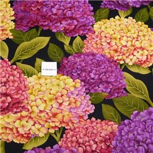 Henry Glass Cotton Fabric Magnificent Huge Hydrangea Flowers on Black